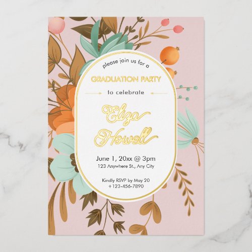 Modern Floral Graduation Party Foil Invitation