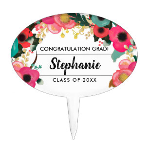 Modern Floral Graduation Party Oval Cake Topper