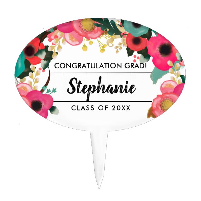 Modern Floral Graduation Party Oval  Cake Topper (Front)