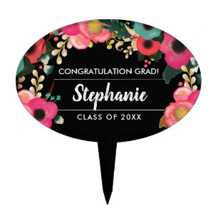 Modern Floral Graduation Party Oval Cake Topper