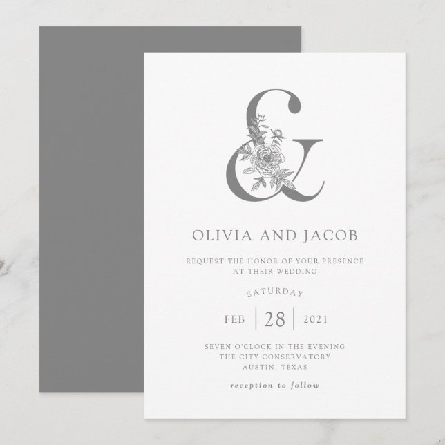 Modern Floral | Gray and White Ampersand Wedding Invitation (Front/Back)
