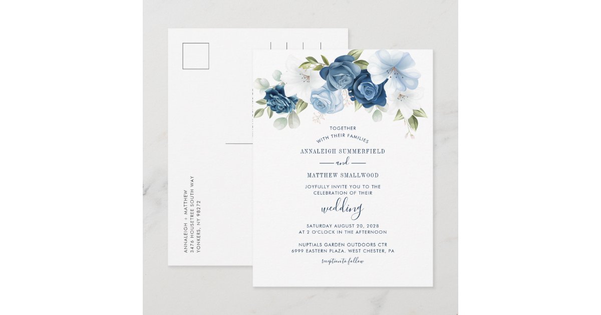 Modern Floral Greenery Dusty Blue Wedding Invitation Postcard | Zazzle