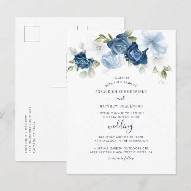 Modern Floral Greenery Dusty Blue Wedding Invitation Postcard | Zazzle