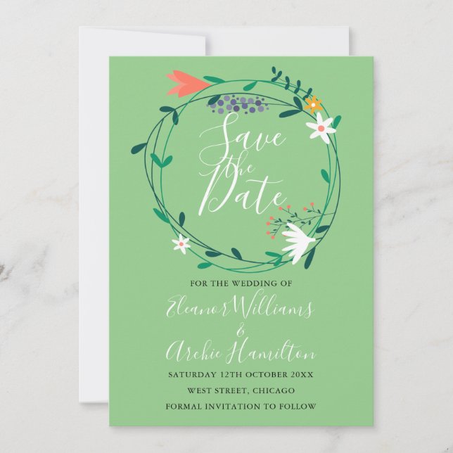 Modern Floral Greenery Garland Save the Date Invitation (Front)