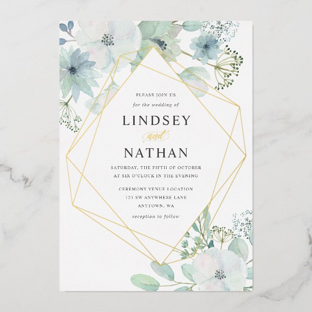 Modern Floral Greenery Geometric Wedding Gold Foil Invitation (Front)