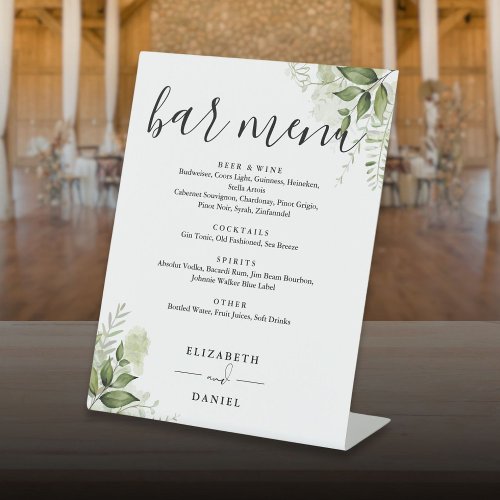 Modern Floral Greenery Wedding Bar Menu Pedestal Sign