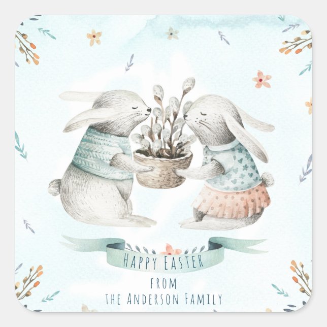 Modern Floral Happy Easter Wishes Boho Bunny Square Sticker (Front)