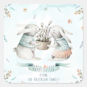 Modern Floral Happy Easter Wishes Boho Bunny Square Sticker