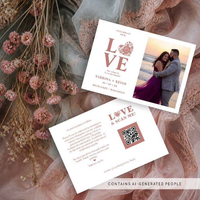 Modern Floral Heart Photo Wedding Script TLW26 Save The Date (Modern Floral Heart Photo Wedding Script Save the Date Card With Elegant Botanical Elements.)