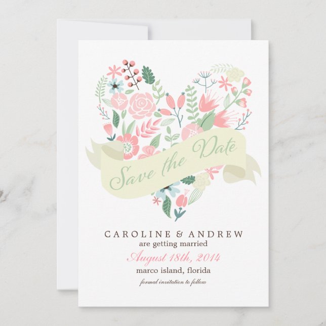 Modern Floral Heart Wedding Save the Date (Front)