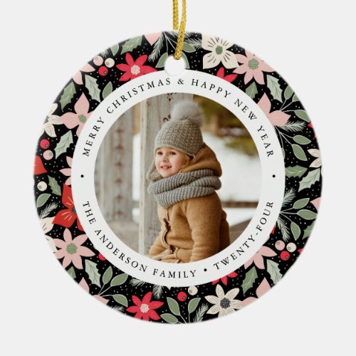 Modern Floral  Holiday Photo Ceramic Ornament