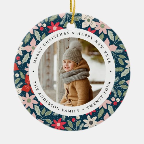 Modern Floral  Holiday Photo Ceramic Ornament