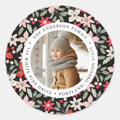 Modern Floral  Holiday Photo Return Address Classic Round Sticker