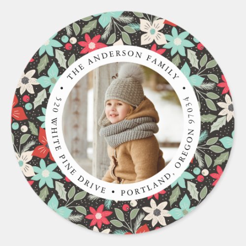 Modern Floral  Holiday Photo Return Address Classic Round Sticker