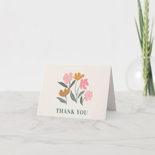 Modern Floral Illustrated Botanical Pink & Green Thank You Card (Front)