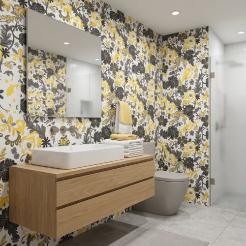 Modern Floral In Yellow And Black Wallpaper Modern Floral In Yellow And Black Wallpaper