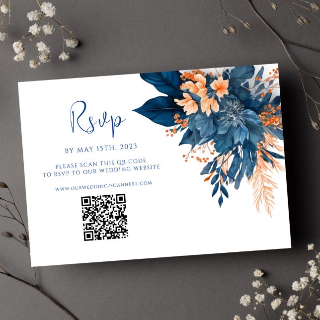 Modern Floral Indigo Rust QR Code Wedding RSVP Card (Modern Floral Indigo Rust QR Code Wedding RSVP Card)