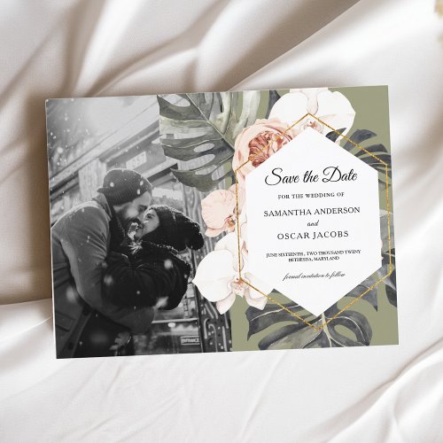 Modern Floral Khaki Tropical Leaves  Orchid  Announcement Postcard