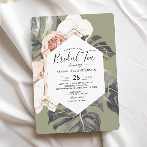 Modern Floral Khaki Tropical Leaves  Orchid  Invitation