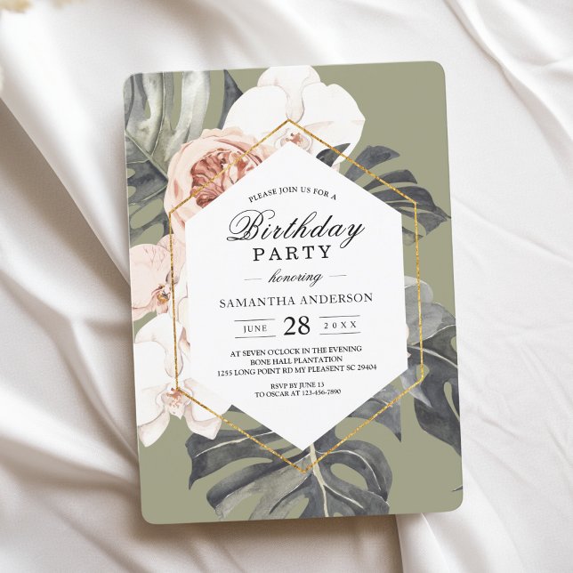Modern Floral Khaki Tropical Leaves & Orchid  Invitation (Creator Uploaded)