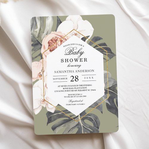 Modern Floral Khaki Tropical Leaves  Orchid  Invitation