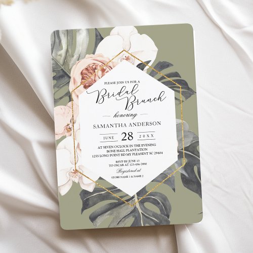 Modern Floral Khaki Tropical Leaves  Orchid  Invitation