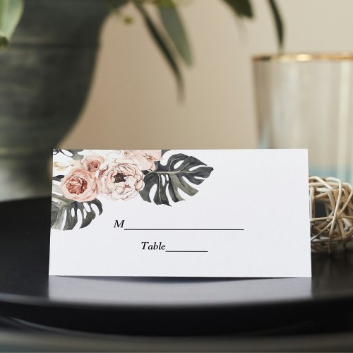 Modern Floral Khaki Tropical Leaves  Orchid  Place Card