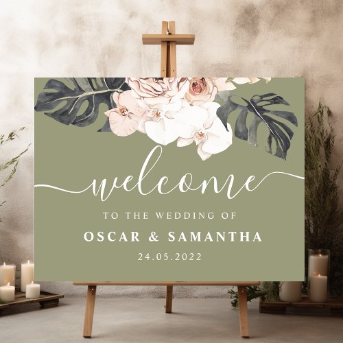 Modern Floral Khaki Tropical Leaves  Orchid  Sign