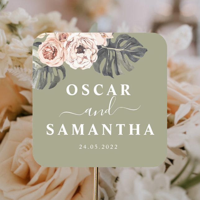 Modern Floral Khaki Tropical Leaves & Orchid  Square Sticker (Creator Uploaded)