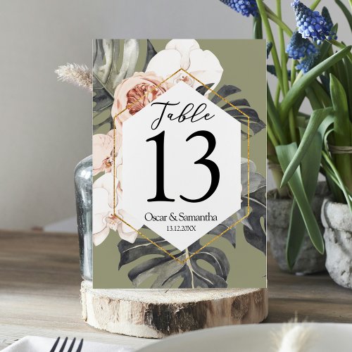 Modern Floral Khaki Tropical Leaves  Orchid  Table Number