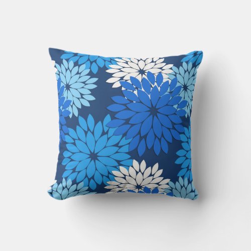 Modern Floral Kimono Print Blue Aqua  Navy Outdoor Pillow