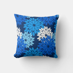 Modern Floral Kimono Print, Blue, Aqua & Navy Thro Throw Pillow