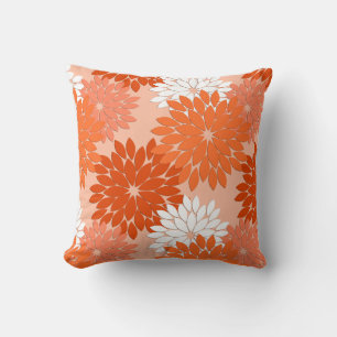 Modern Floral Kimono Print, Coral Orange on Peach  Throw Pillow