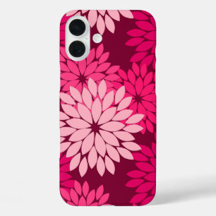 Modern Floral Kimono Print, Coral Pink & Burgundy iPhone 16 Plus Case