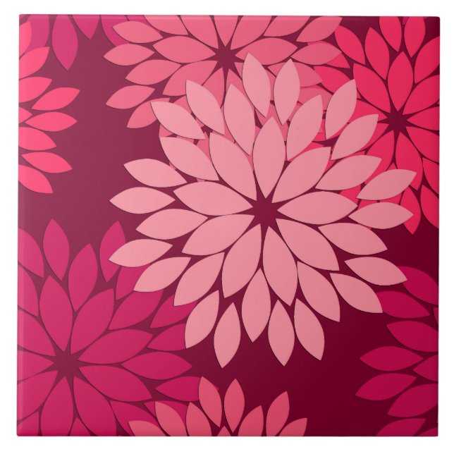 Modern Floral Kimono Print, Coral Pink & Burgundy Ceramic Tile (Front)