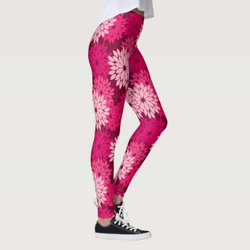 Modern Floral Kimono Print Coral Pink  Burgundy Leggings
