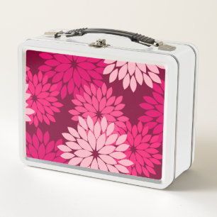 Modern Floral Kimono Print, Coral Pink & Burgundy Metal Lunch Box