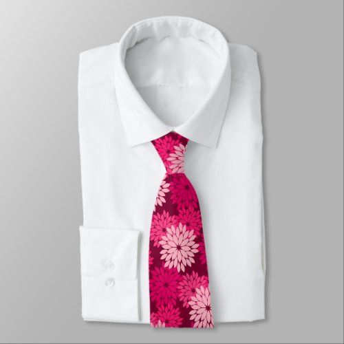 Modern Floral Kimono Print Coral Pink  Burgundy Neck Tie