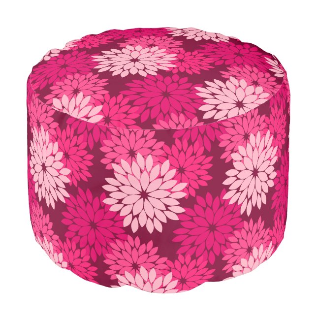 Modern Floral Kimono Print, Coral Pink & Burgundy Pouf (Angled Front)