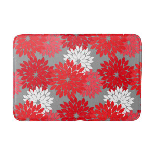Modern Floral Kimono Print, Coral Red and Gray Bathroom Mat