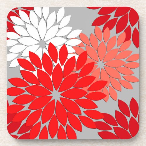 Modern Floral Kimono Print Coral Red and Gray  Beverage Coaster