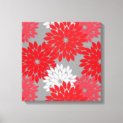 Modern Floral Kimono Print Coral Red and Gray Canvas Print