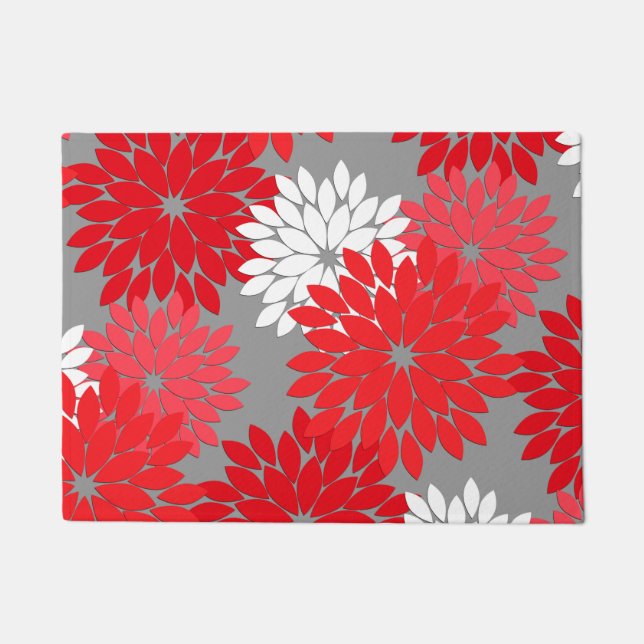 Modern Floral Kimono Print, Coral Red and Gray Doormat (Front)