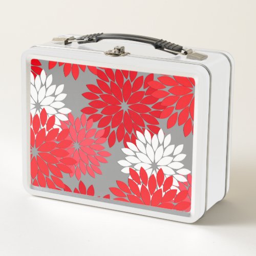 Modern Floral Kimono Print Coral Red and Gray Metal Lunch Box