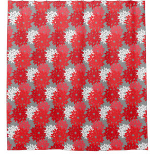 Modern Floral Kimono Print, Coral Red and Gray Shower Curtain