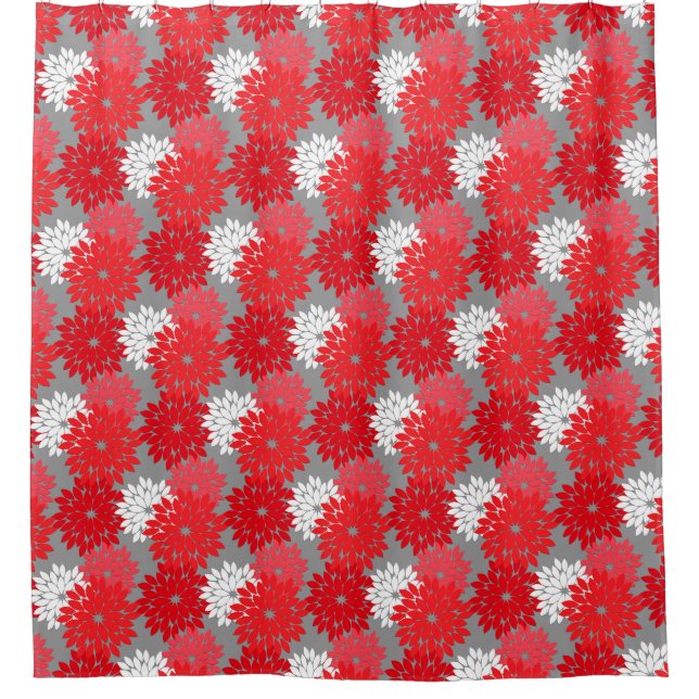 Modern Floral Kimono Print, Coral Red and Gray Shower Curtain (Front)