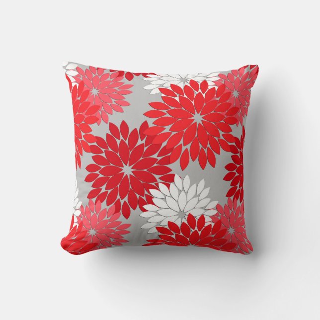 Modern Floral Kimono Print, Coral Red and Gray Throw Pillow (Front)