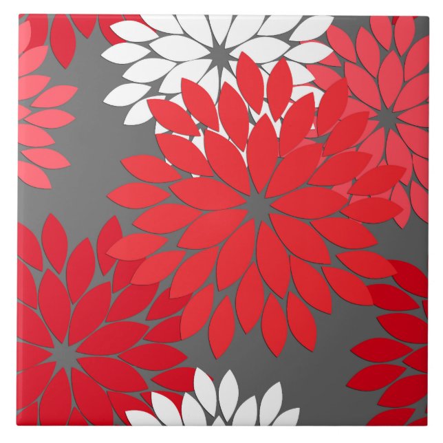 Modern Floral Kimono Print, Coral Red and Gray Tile (Front)