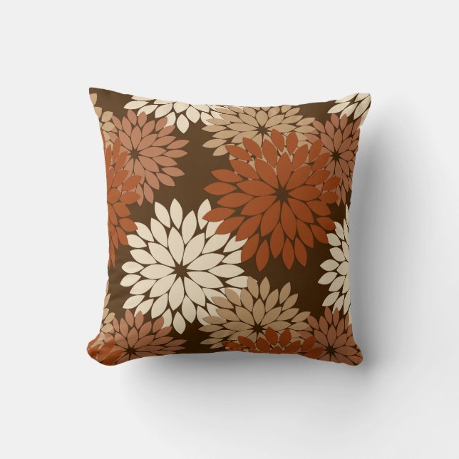 Modern Floral Kimono Print, Dark Brown and Tan Thr Throw Pillow (Front)