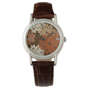 Modern Floral Kimono Print, Dark Brown and Tan Watch